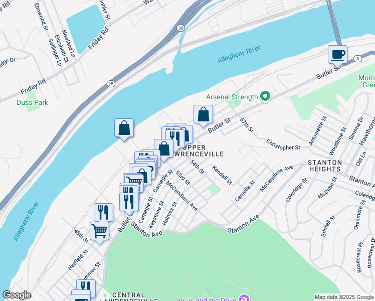 map of restaurants, bars, coffee shops, grocery stores, and more near 5410 Butler Street in Pittsburgh
