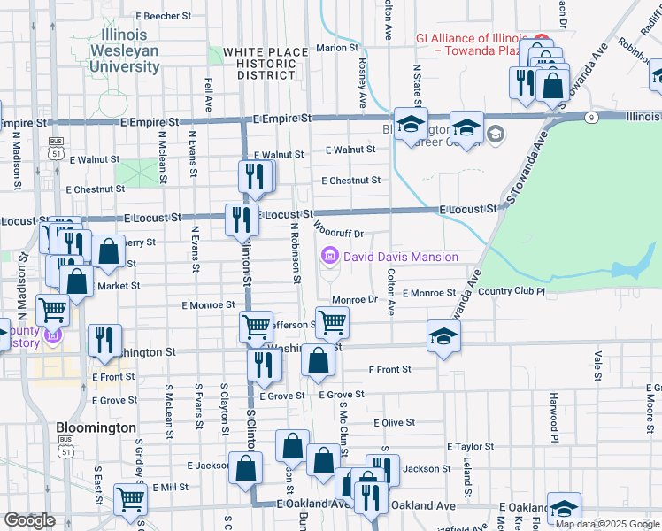 map of restaurants, bars, coffee shops, grocery stores, and more near 1000 Monroe Drive in Bloomington