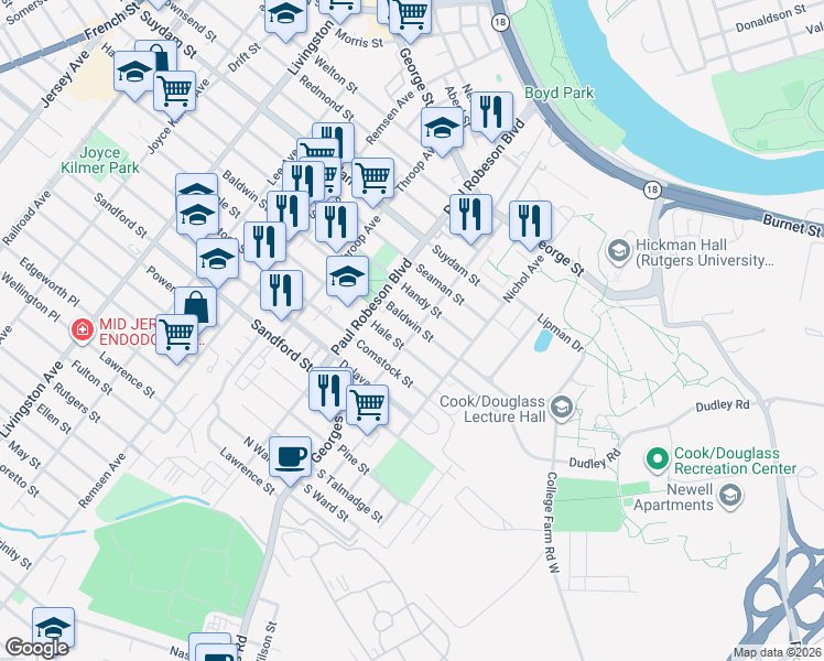 map of restaurants, bars, coffee shops, grocery stores, and more near 42 Baldwin Street in New Brunswick