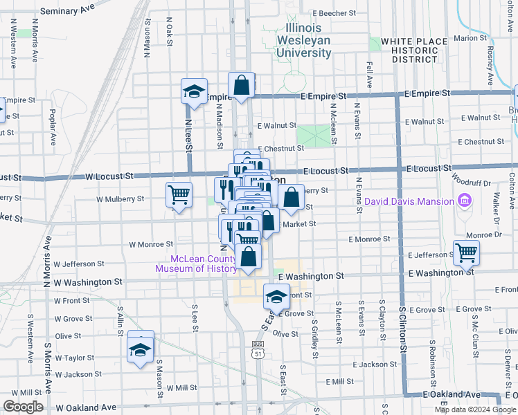 map of restaurants, bars, coffee shops, grocery stores, and more near 515 North Main Street in Bloomington