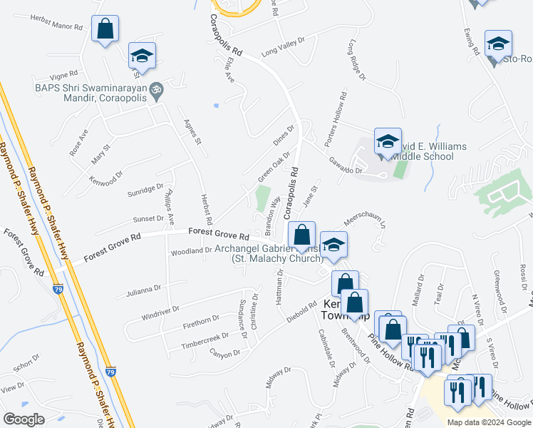 map of restaurants, bars, coffee shops, grocery stores, and more near 303 Brandon Way in Coraopolis