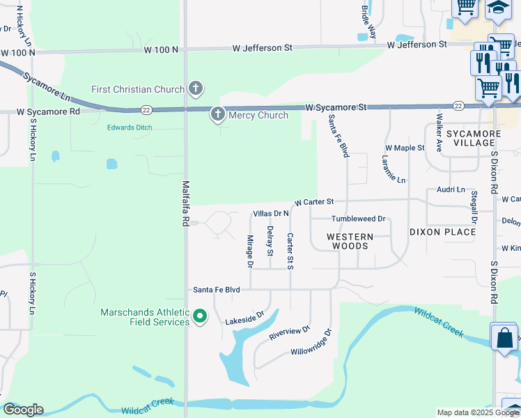 map of restaurants, bars, coffee shops, grocery stores, and more near 4122 Villas Drive North in Kokomo