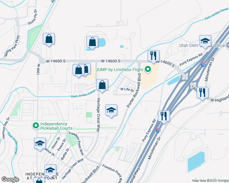 map of restaurants, bars, coffee shops, grocery stores, and more near 14764 Rising Star Way in Bluffdale