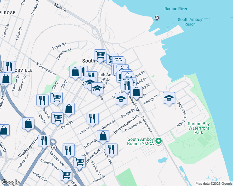 map of restaurants, bars, coffee shops, grocery stores, and more near 224 Augusta Street in South Amboy