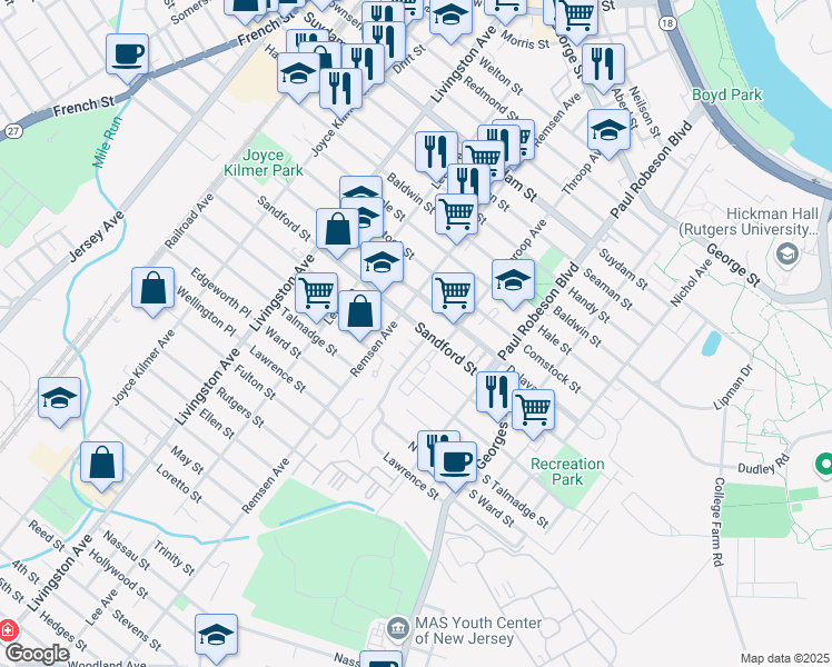 map of restaurants, bars, coffee shops, grocery stores, and more near in New Brunswick