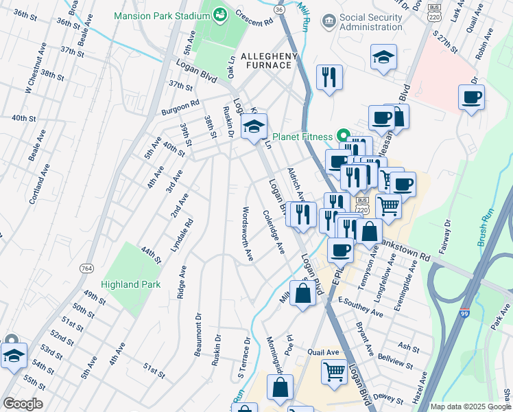 map of restaurants, bars, coffee shops, grocery stores, and more near 204 Coleridge Avenue in Altoona