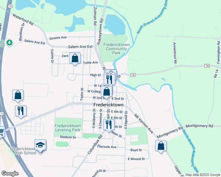 map of restaurants, bars, coffee shops, grocery stores, and more near 167 North Main Street in Fredericktown