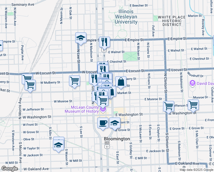 map of restaurants, bars, coffee shops, grocery stores, and more near in Bloomington