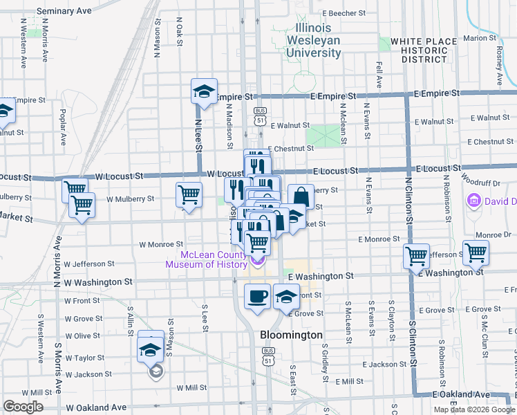 map of restaurants, bars, coffee shops, grocery stores, and more near 516 North Main Street in Bloomington