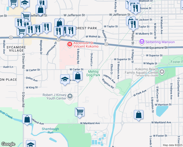 map of restaurants, bars, coffee shops, grocery stores, and more near 1701 West Carter Street in Kokomo