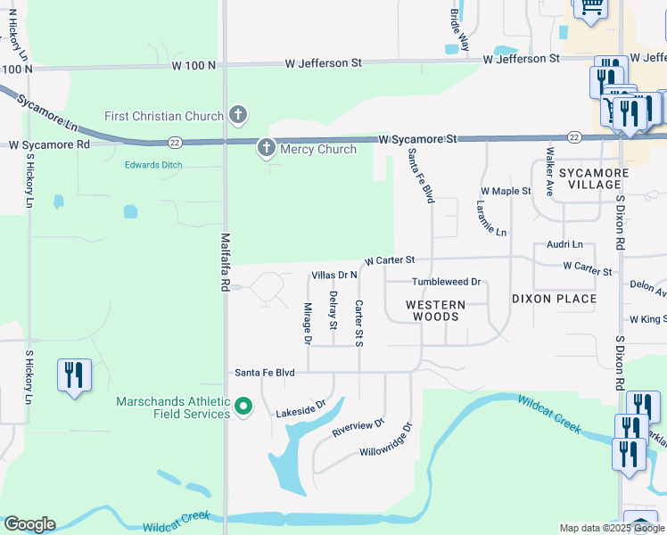 map of restaurants, bars, coffee shops, grocery stores, and more near 4122 Villas Drive North in Kokomo