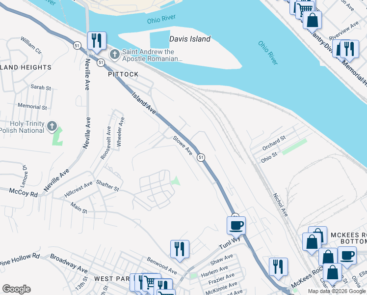 map of restaurants, bars, coffee shops, grocery stores, and more near 1369 Island Avenue in McKees Rocks