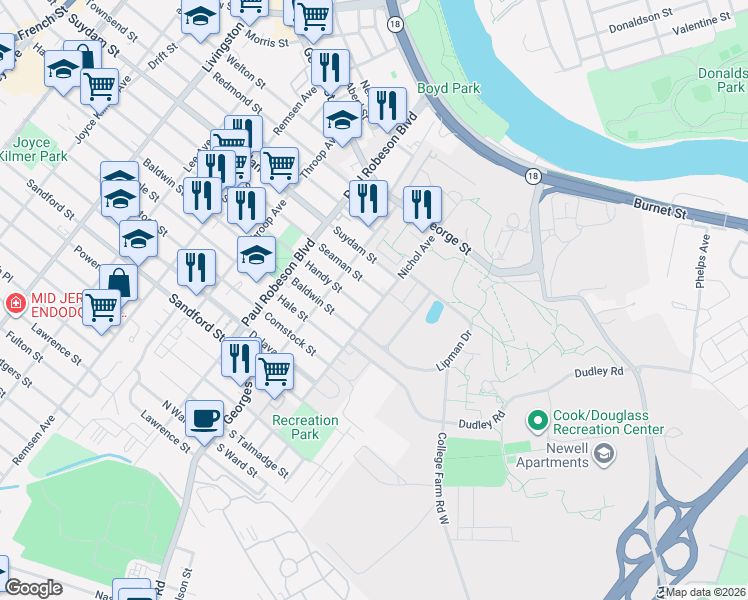 map of restaurants, bars, coffee shops, grocery stores, and more near 49 Nichol Avenue in New Brunswick