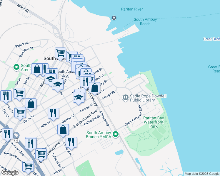 map of restaurants, bars, coffee shops, grocery stores, and more near 113 Henry Street in South Amboy