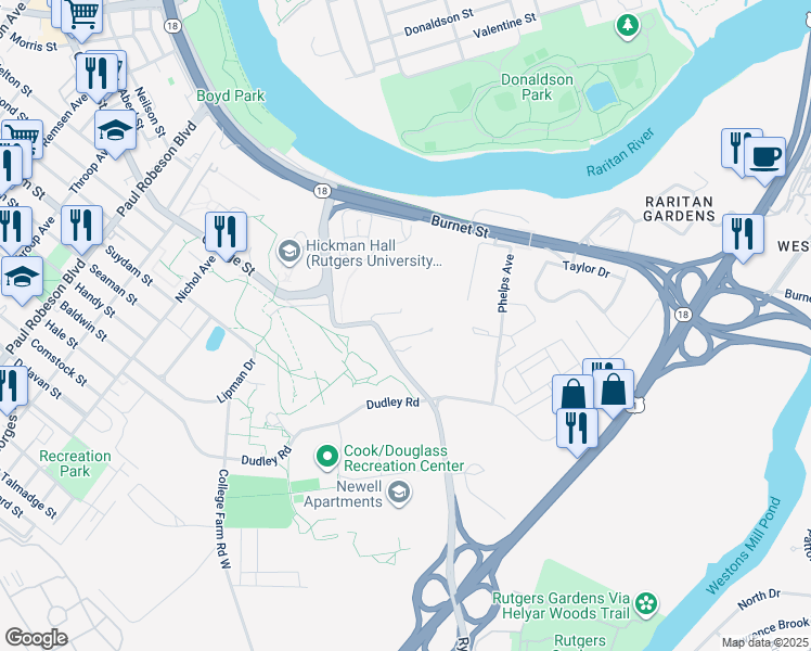 map of restaurants, bars, coffee shops, grocery stores, and more near 178 Ryders Lane in New Brunswick