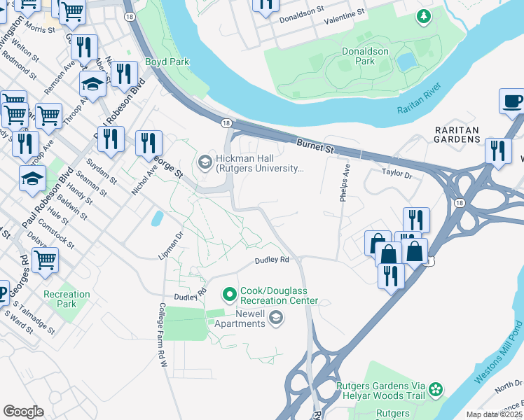 map of restaurants, bars, coffee shops, grocery stores, and more near 178 Ryders Lane in New Brunswick