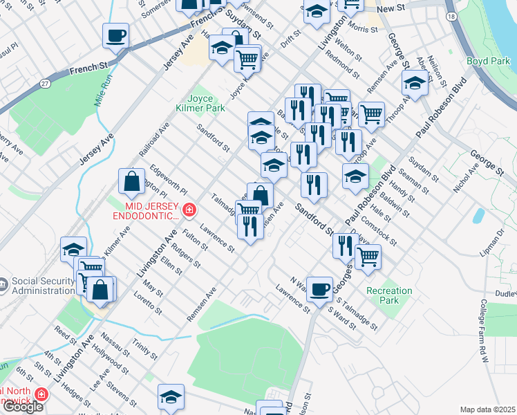 map of restaurants, bars, coffee shops, grocery stores, and more near 196 Powers Street in New Brunswick