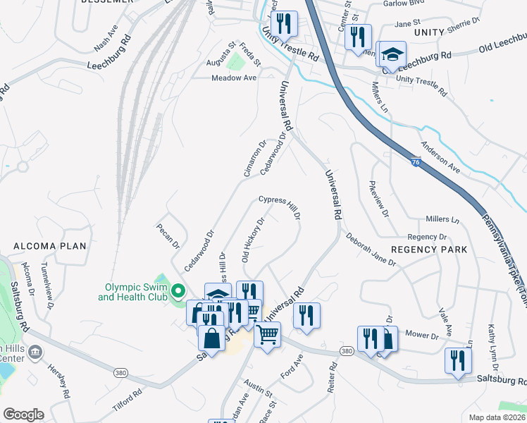 map of restaurants, bars, coffee shops, grocery stores, and more near 305 Cypress Hill Drive in Pittsburgh