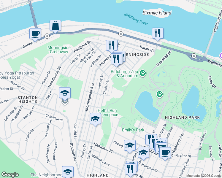 map of restaurants, bars, coffee shops, grocery stores, and more near 1641 Chislett Street in Pittsburgh