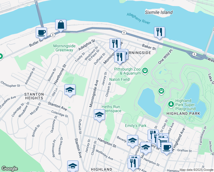 map of restaurants, bars, coffee shops, grocery stores, and more near 1641 Chislett Street in Pittsburgh