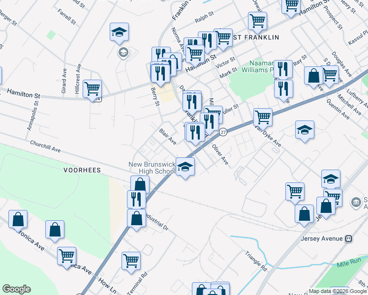 map of restaurants, bars, coffee shops, grocery stores, and more near 2 Camner Avenue in Franklin Township