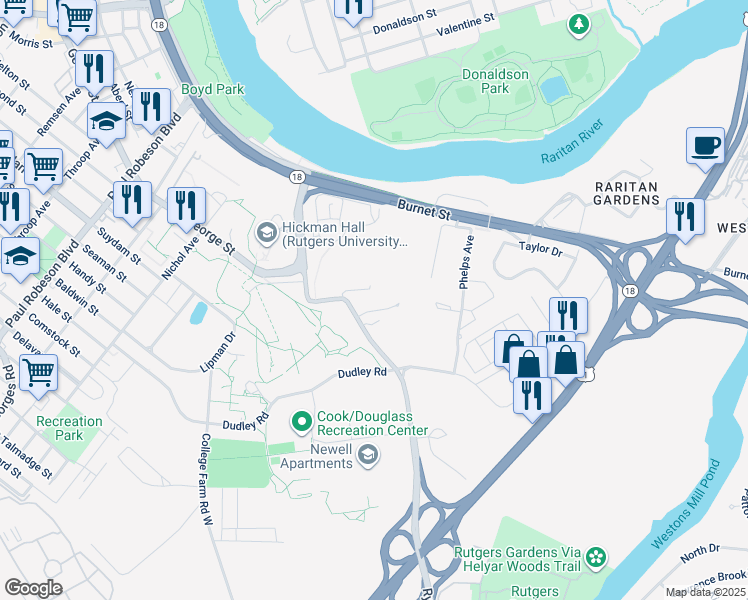 map of restaurants, bars, coffee shops, grocery stores, and more near 178 Ryders Lane in New Brunswick