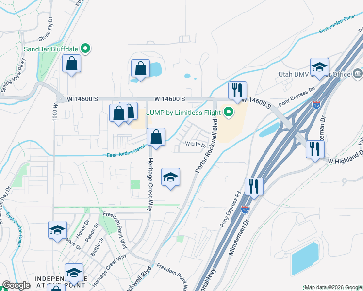map of restaurants, bars, coffee shops, grocery stores, and more near 14764 Rising Star Way in Bluffdale
