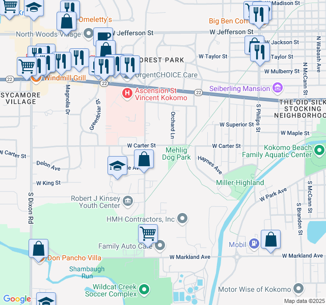 map of restaurants, bars, coffee shops, grocery stores, and more near 1809 West Carter Street in Kokomo