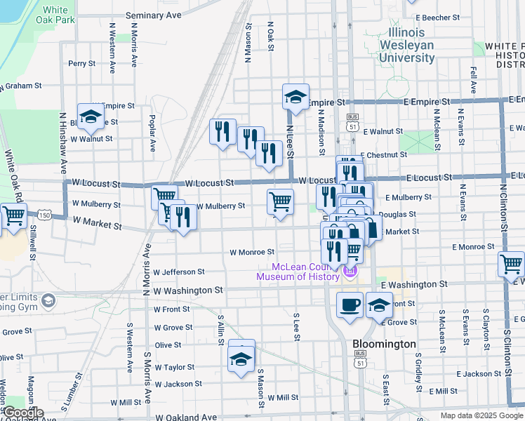 map of restaurants, bars, coffee shops, grocery stores, and more near 609 West Mulberry Street in Bloomington