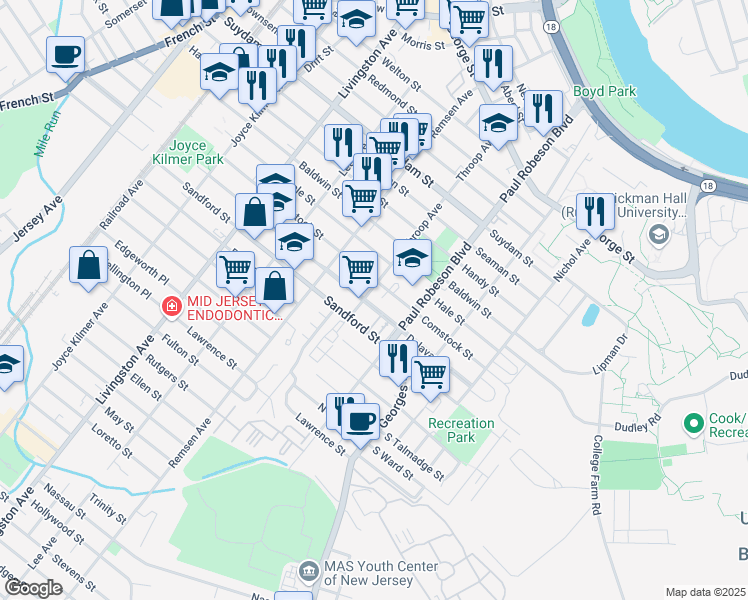 map of restaurants, bars, coffee shops, grocery stores, and more near 163 Throop Avenue in New Brunswick
