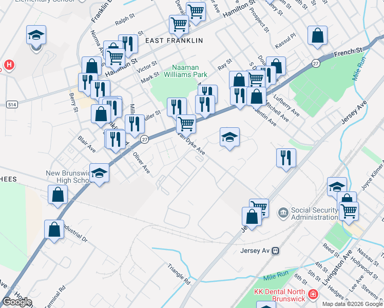 map of restaurants, bars, coffee shops, grocery stores, and more near 6 Van Dyke Avenue in New Brunswick