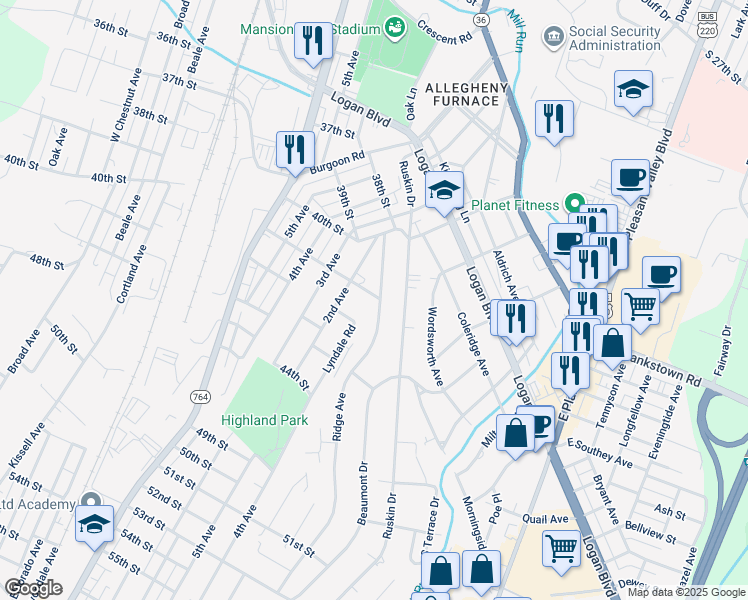 map of restaurants, bars, coffee shops, grocery stores, and more near 4030-40 Ridge Avenue in Altoona