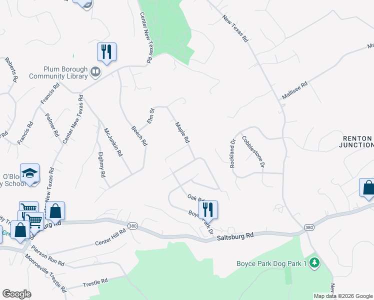 map of restaurants, bars, coffee shops, grocery stores, and more near 365 Maple Road in Pittsburgh