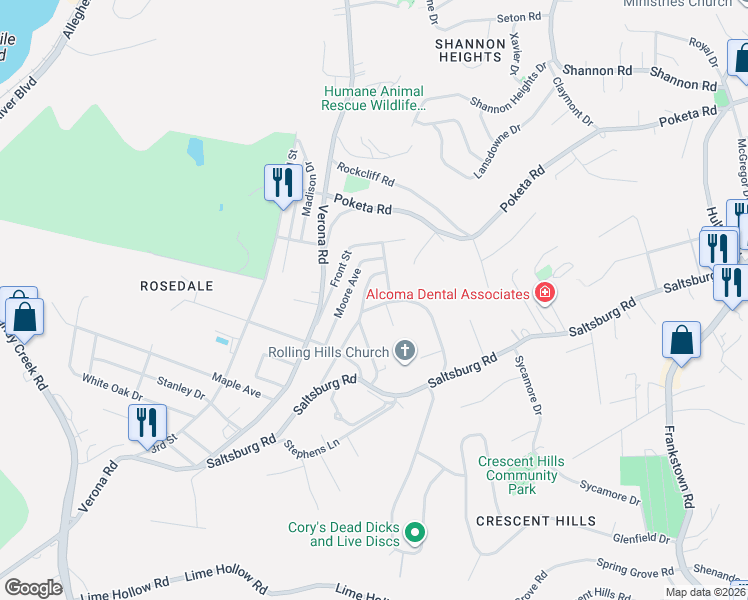 map of restaurants, bars, coffee shops, grocery stores, and more near 5608 Crestmont Avenue in Verona