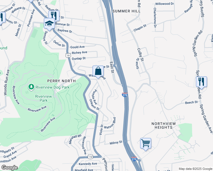 map of restaurants, bars, coffee shops, grocery stores, and more near 203 Watson Boulevard in Pittsburgh