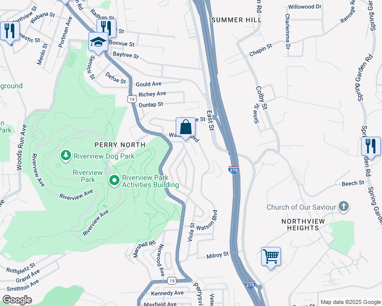 map of restaurants, bars, coffee shops, grocery stores, and more near 3452 Delaware Street in Pittsburgh