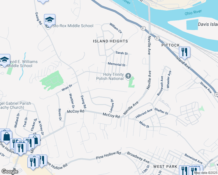 map of restaurants, bars, coffee shops, grocery stores, and more near 174 William Street in McKees Rocks