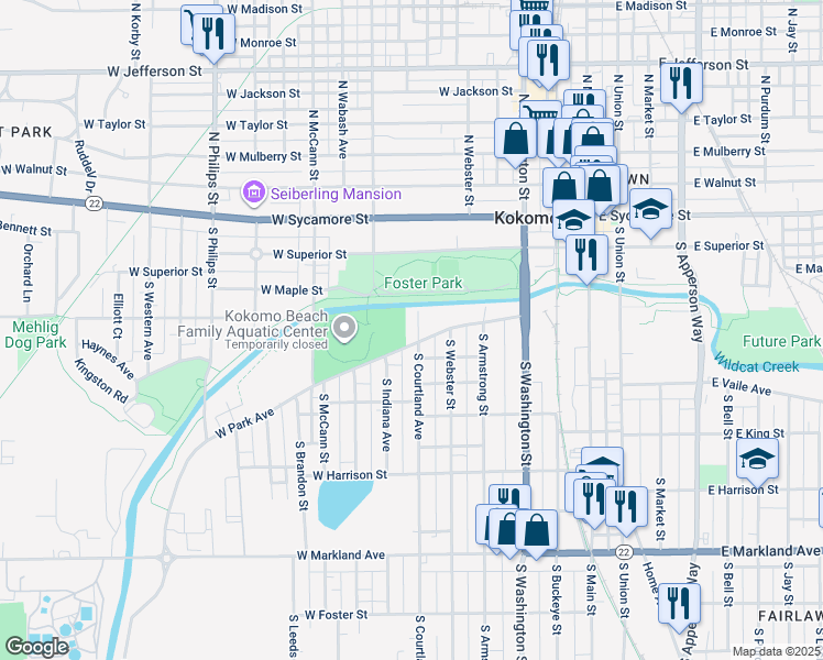 map of restaurants, bars, coffee shops, grocery stores, and more near 316 South Courtland Avenue in Kokomo