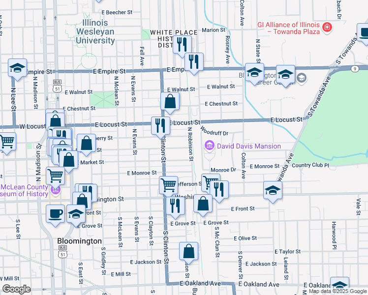 map of restaurants, bars, coffee shops, grocery stores, and more near 617 East Mulberry Street in Bloomington