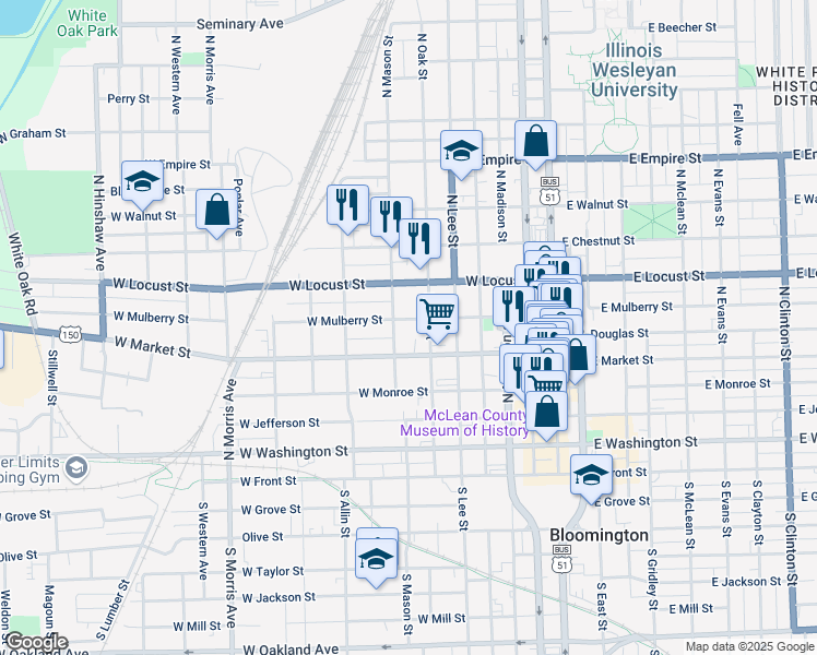 map of restaurants, bars, coffee shops, grocery stores, and more near 609 West Mulberry Street in Bloomington