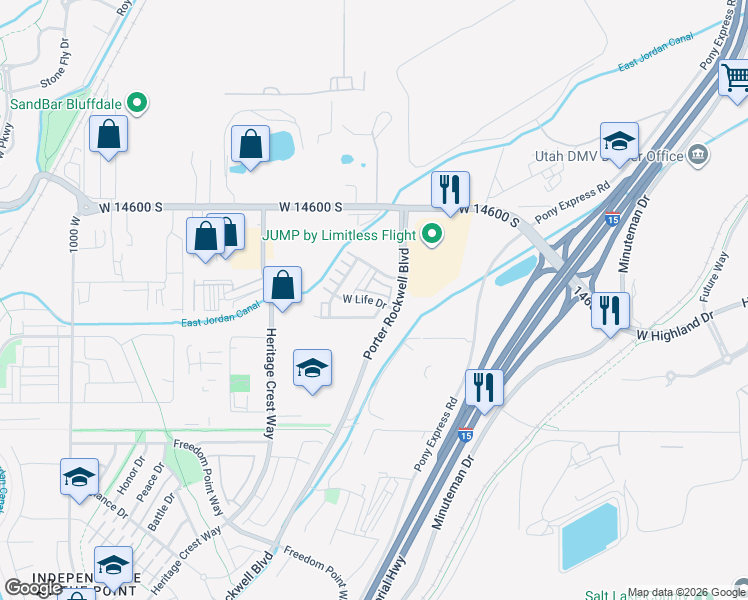 map of restaurants, bars, coffee shops, grocery stores, and more near 586 Life Drive in Bluffdale