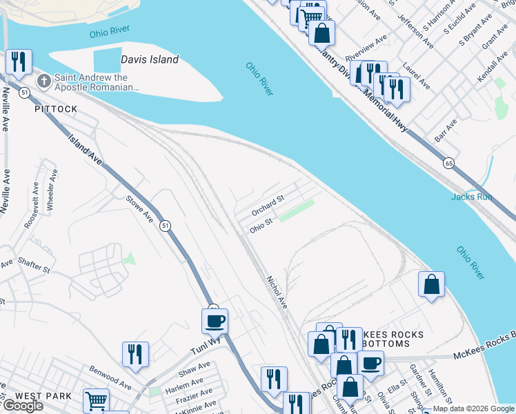 map of restaurants, bars, coffee shops, grocery stores, and more near 106 Orchard Street in McKees Rocks