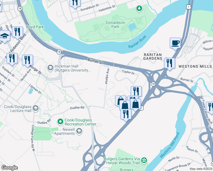 map of restaurants, bars, coffee shops, grocery stores, and more near 103 Phelps Avenue in New Brunswick
