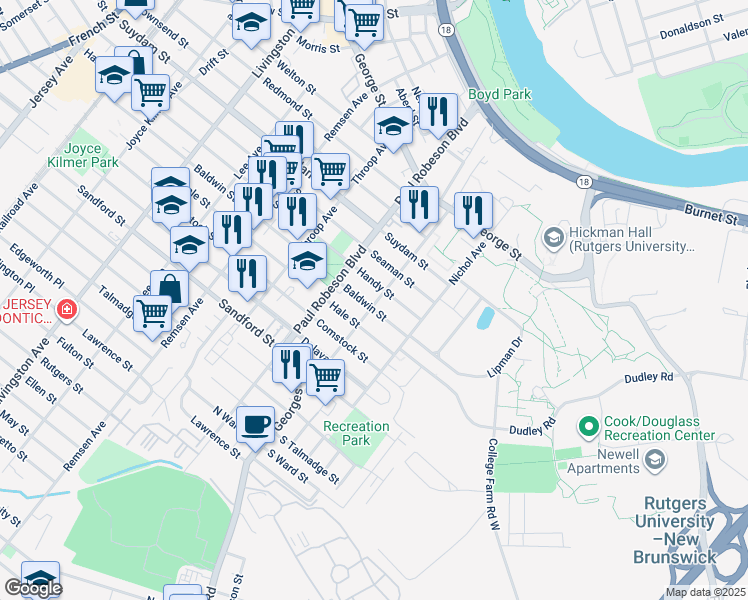 map of restaurants, bars, coffee shops, grocery stores, and more near 48 Handy Street in New Brunswick