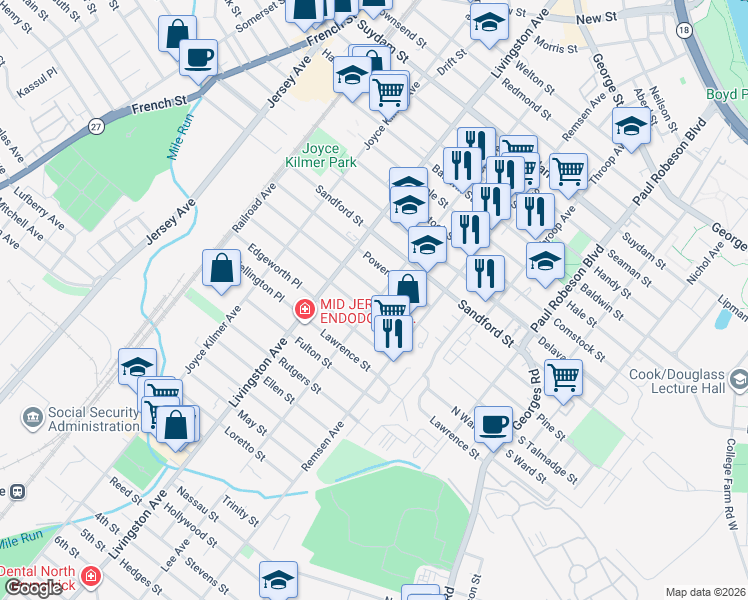 map of restaurants, bars, coffee shops, grocery stores, and more near 227 Howard Street in New Brunswick