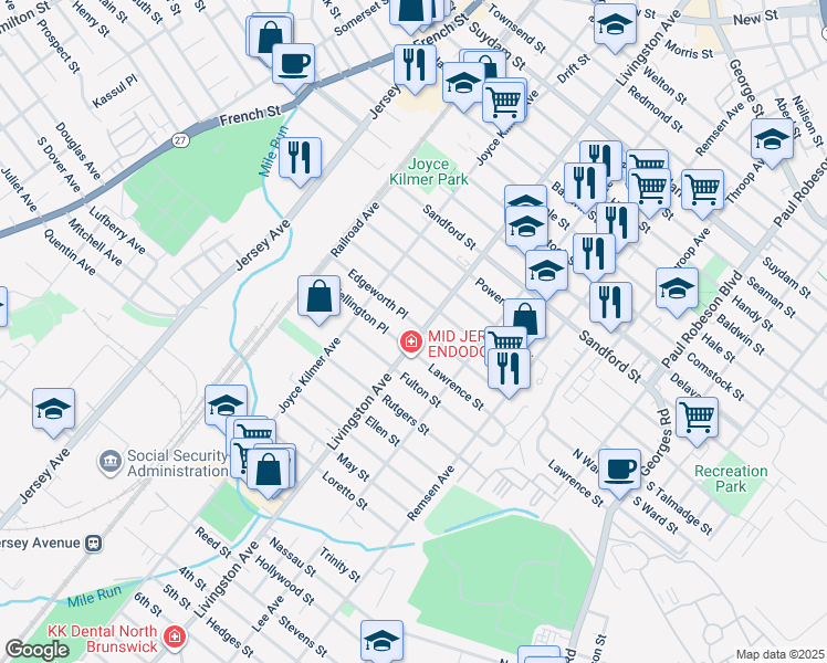 map of restaurants, bars, coffee shops, grocery stores, and more near 4 Edgeworth Place in New Brunswick
