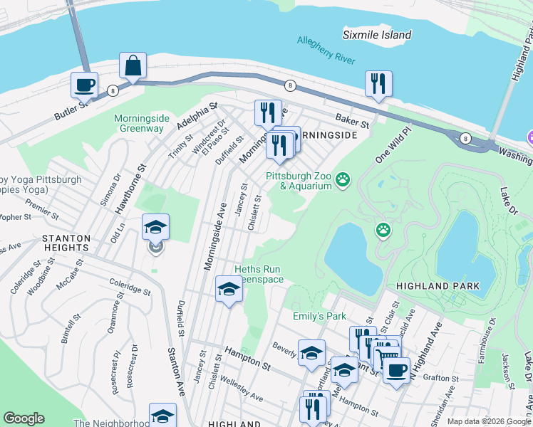 map of restaurants, bars, coffee shops, grocery stores, and more near 1641 Chislett Street in Pittsburgh