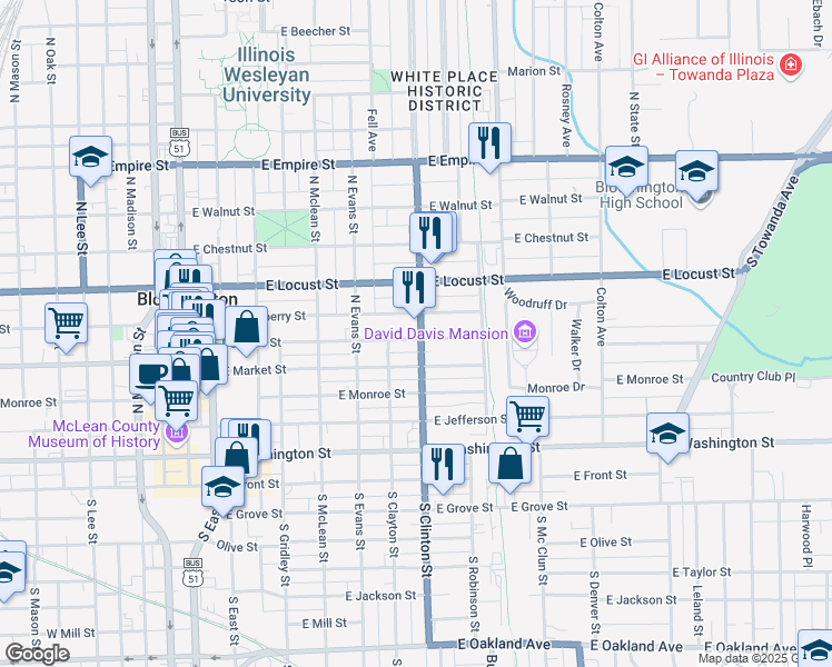 map of restaurants, bars, coffee shops, grocery stores, and more near 609 North Clinton Street in Bloomington