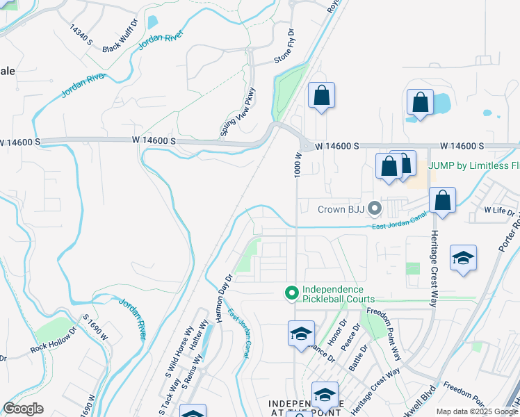 map of restaurants, bars, coffee shops, grocery stores, and more near 14754 South Torrey View Lane in Bluffdale
