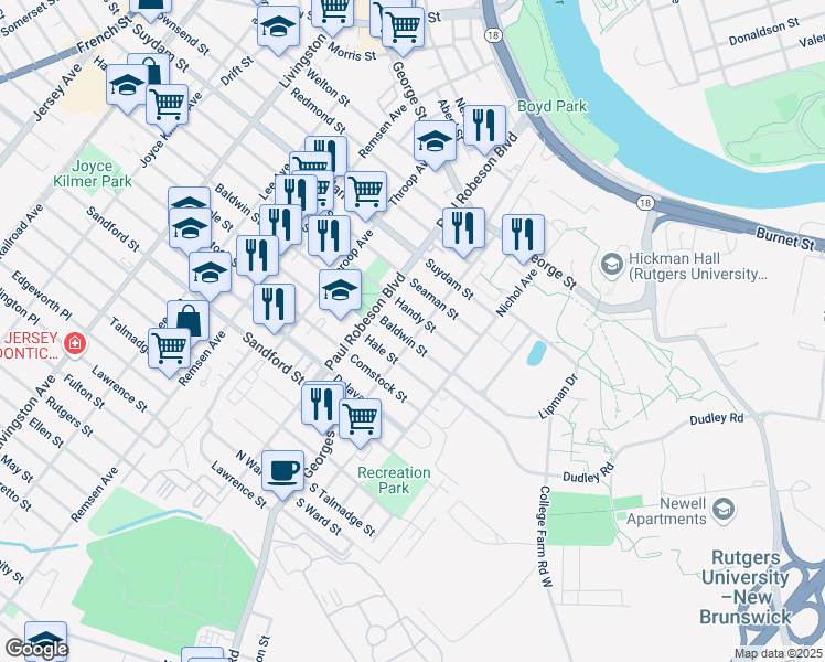 map of restaurants, bars, coffee shops, grocery stores, and more near 48 Handy Street in New Brunswick